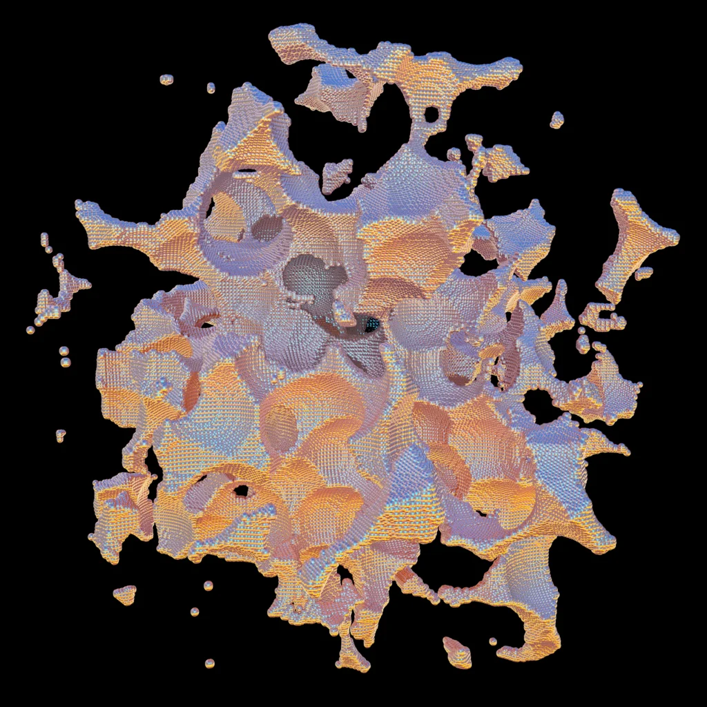 Composición tridimensional abstracta con volúmenes esféricos, luz naranja y tonos violetas.