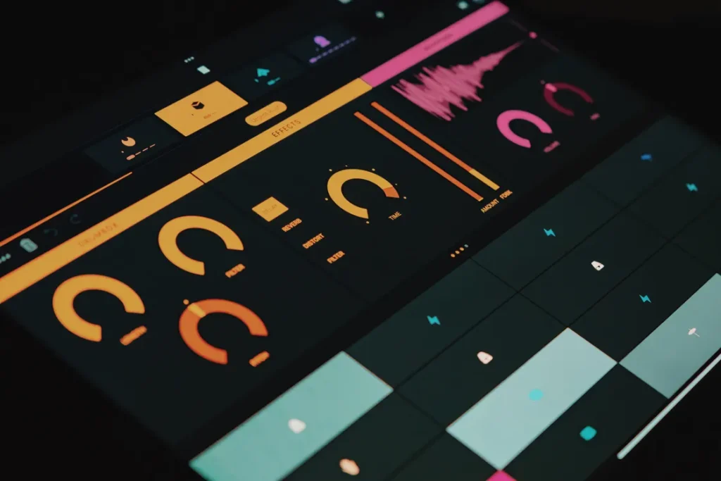 Interfaz digital de producción musical con controles y visualización de audio