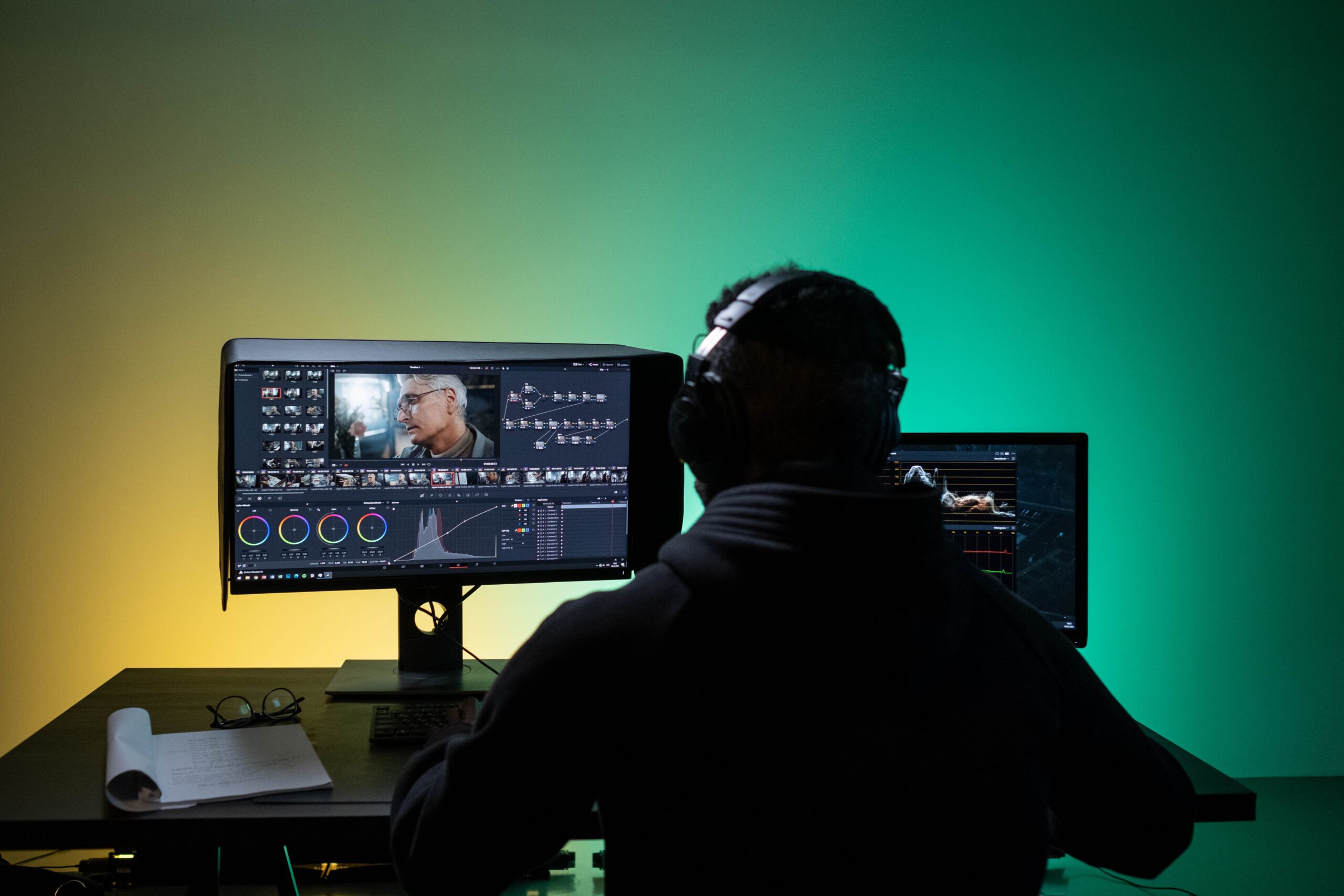 Editor de video trabajando con audífonos frente a dos monitores