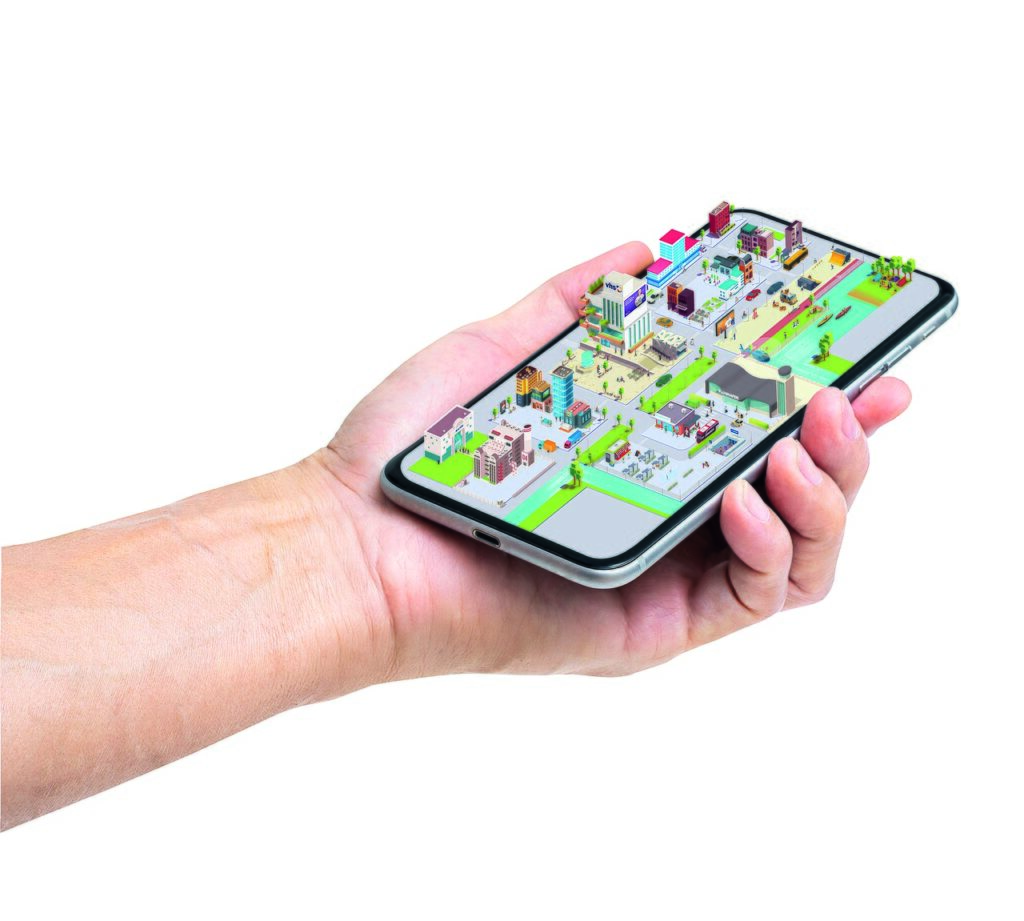 Mano sosteniendo un teléfono con una interfaz visual que emerge de la pantalla