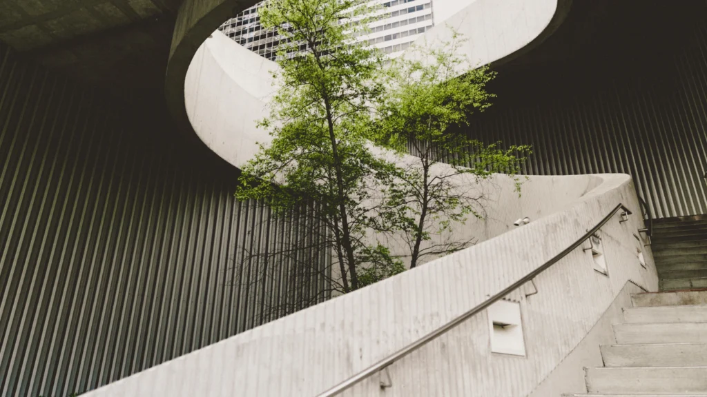 Escalera de concreto abierta a la luz natural y rodeada de árboles