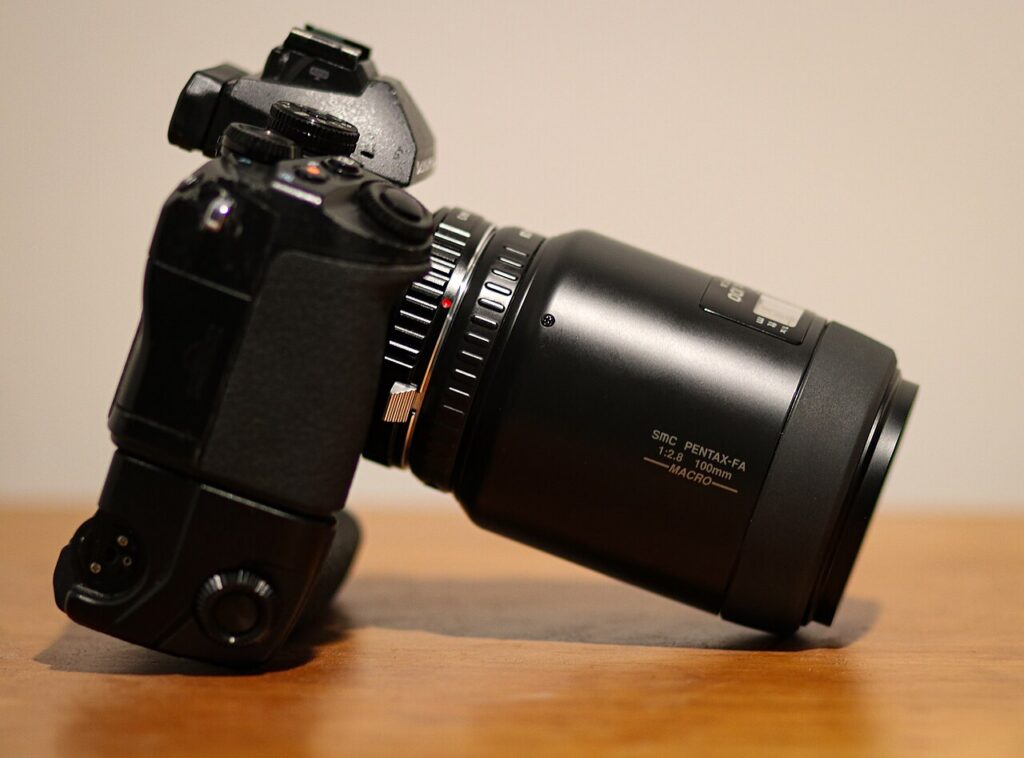 Cámara sin espejo con un lente macro instalado mediante un adaptador de montura