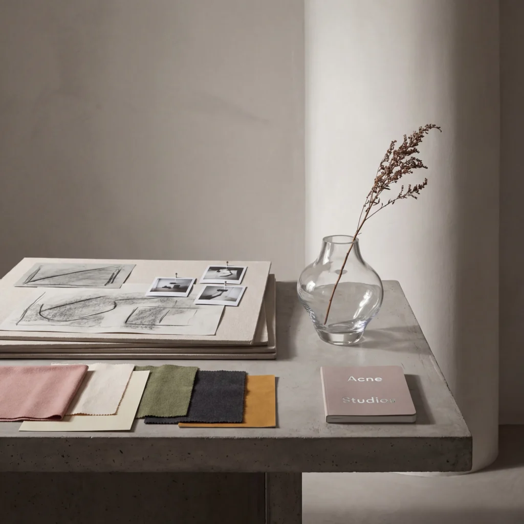 Muestras textiles, bocetos y una paleta de color sobre una mesa